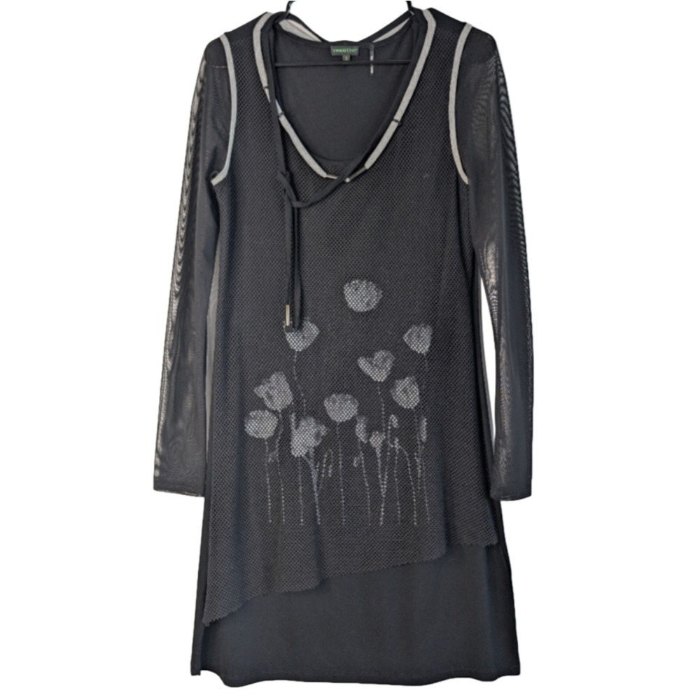 Tricotto Women's Small Black Mesh Fishnet Long Sleeve Floral Funky Stretch Dress